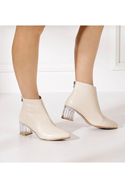 Nstil Günlük Kısa Bej Rugan Bot Kalın Şeffaf Topuklu Fermuarlı Tırtıklı Taban Sivri Burun Bootie 1015