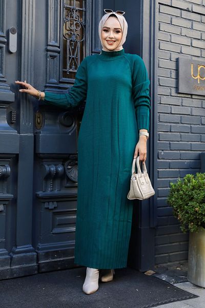 Neva Style Πλεκτό φόρεμα Hijab Emerald Green - 31230ZY