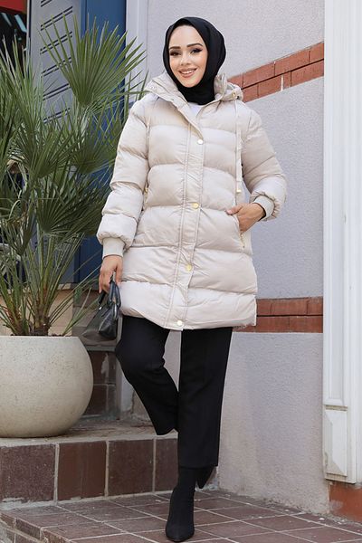 Neva Style Jachetă pufă Hijab cu glugă bej - 80191BEJ