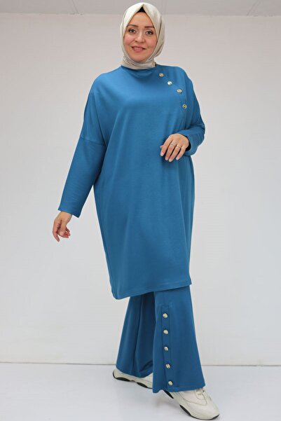 Eslina 47054 Plus Size Low Sleeve Front Placket Trousers Set - Petrol