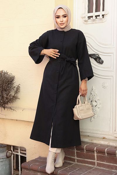 Neva Style Palton Hijab cu centură neagră - 61302S