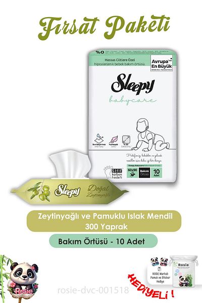 Sleepy 6 Natural Olive Oil and Cotton Wet Wipes 50 Pcs, Baby Cover 10 Pcs and Rosie