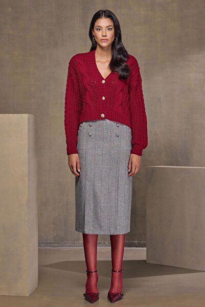 UPGRADE Ön Yırtmaçlı Çizgili Etek Vizon