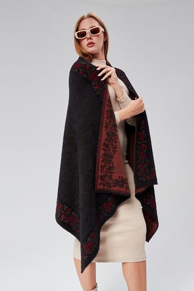panşalço Black Oversize Knitwear Shoulder Shawl - Beard Thread, Women and Young Mother