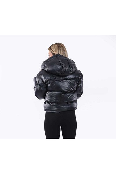 NEVEGE BUTİK Women's Hooded Puffy Short Leather Coat-Black