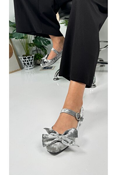 İmerShoes Daily Women's Gray Velvet Bow Ballerina Flats Single Strap Buckle Oval Toe Shoes 283