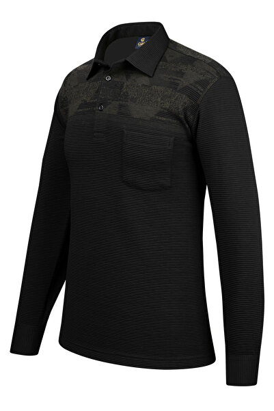 Çizgi Triko Чоловіча смугаста трикотажна сорочка з довгими рукавами та візерунком - з кишенями, фасон «светр» - 5026