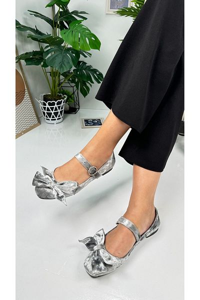 Allyup Daily Women's Gray Velvet Bow Ballerina Flats Single Band Buckle Oval Toe Shoes 283