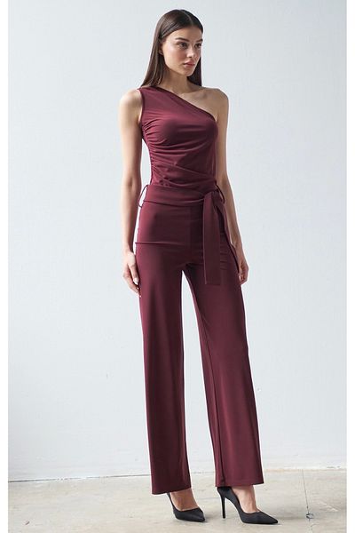 allys Asymmetric One Shoulder Jumpsuit with Side Zipper with String Detail with Belt from Own Fabric