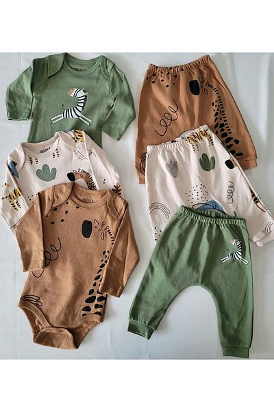 Necix's 6 Piece Safari Patterned Top and Bottom Set for Baby Boy