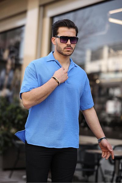 Valiberta Parliament Blue - Polo Collar Oversize Bamboo Shirt, Half Placket, Short Sleeve
