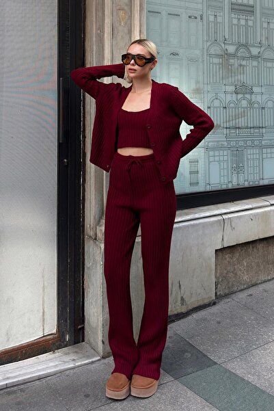 Swist Bordó Gio gombos részletes blúz-kardigán-nadrág 3 részes női kötöttáru szett