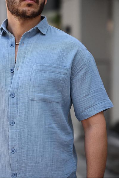 Valiberta Cold Blue Single Pocket Shirt Muslin Fabric