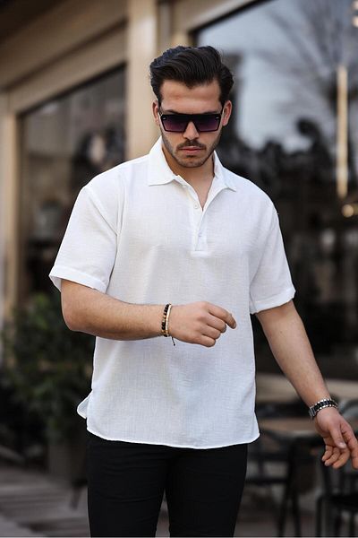 Valiberta White Bamboo Short Sleeve Polo Collar Shirt - Half Placket
