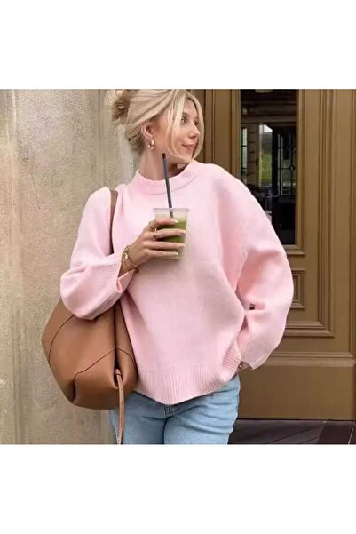 KNİTİCAL TEKSTİL l pink2024 pembe Bisiklet Yaka Oversize Triko Kazak