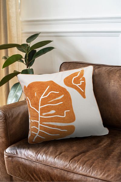 RUGSMODERN Bohemian Punch Throw Pillow με λεπτομέρεια από πορτοκαλί φύλλα - Kırlent15