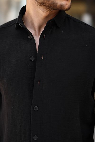 Valiberta Breathable Half Oversize Muslin Fabric Men's Shirt with Long Sleeve Collar - Black