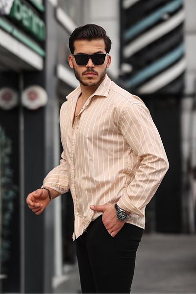 Valiberta Beige Colored Oversize Striped Satin Shirt