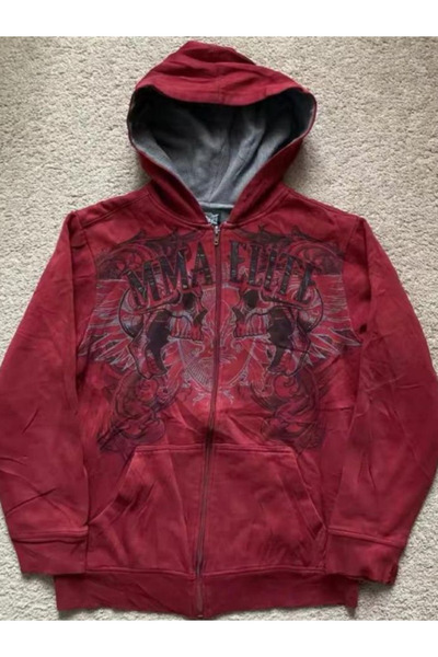 DEEFWEAR Kırmızı Skulls MMA Elite Cyber Grunge Fermuarlı Kapüşonlu Sweatshirt