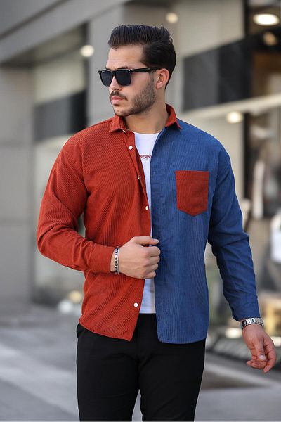 Valiberta Light Brick Colored Corduroy Shirt - Contrast Double Color