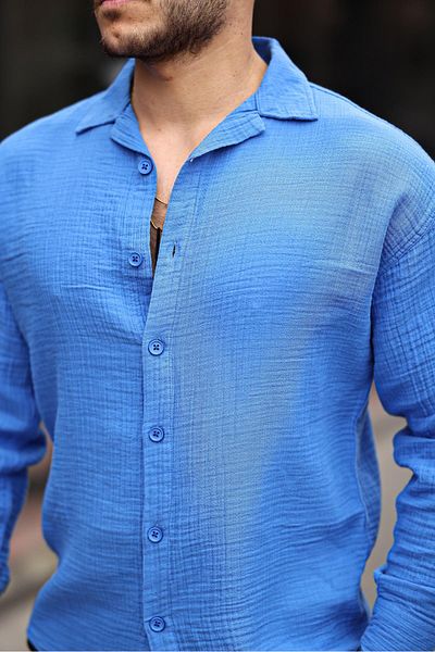 Valiberta Apache Collar Oversize Muslin Fabric Shirt - Parliament Blue