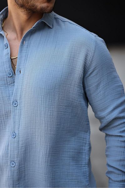 Valiberta Breathable Half Oversize Muslin Fabric Men's Shirt with Long Sleeve Collar - Cold Blue