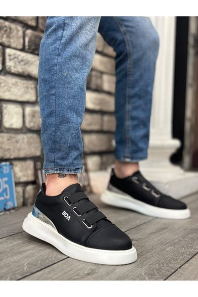 BOA BA0329 - 3 Bands Black Silver Thick Sole Men's Casual Shoes