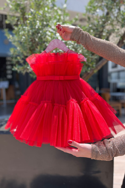 Bertuğ Bebek Tül Tütü Kız Çocuk Bebek Kırmızı Abiye Doğum Günü Elbise