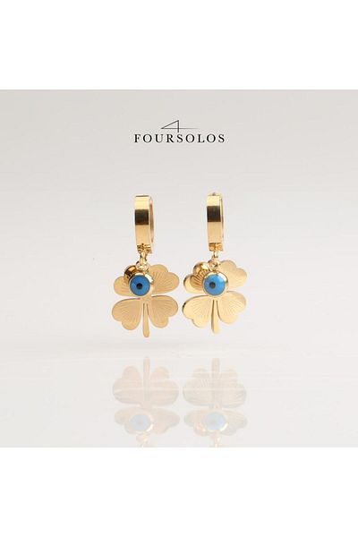 FOURSOLOS Steel Women's Earrings, Evil Eye Beads Clover, Gold Color, No:25