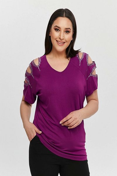 Bİ.GİYSEN Women's Plus Size Plum Front Back V-Neck Shoulder Low-cut Sequin Embroidered Lycra Blouse