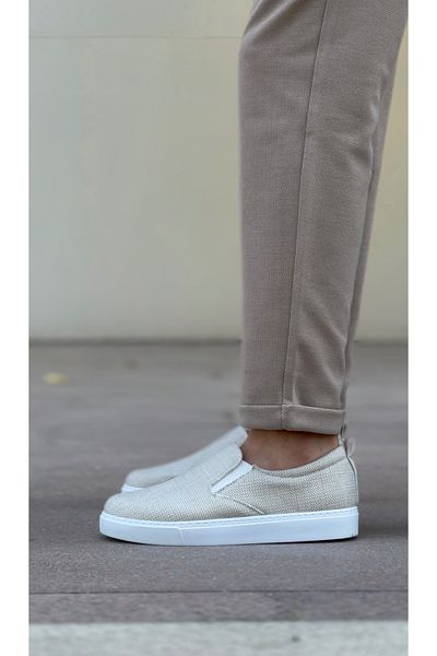 BESKAR BA0339 Ανδρικά παπούτσια Casual λινό - Κρεμ Λευκή σόλα, Χωρίς κορδόνια