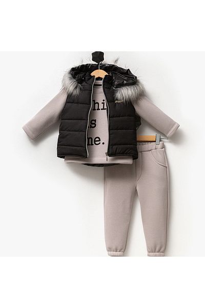 Mai Perla Boy's Hooded Inflatable Vest Furry 3-Piece Set
