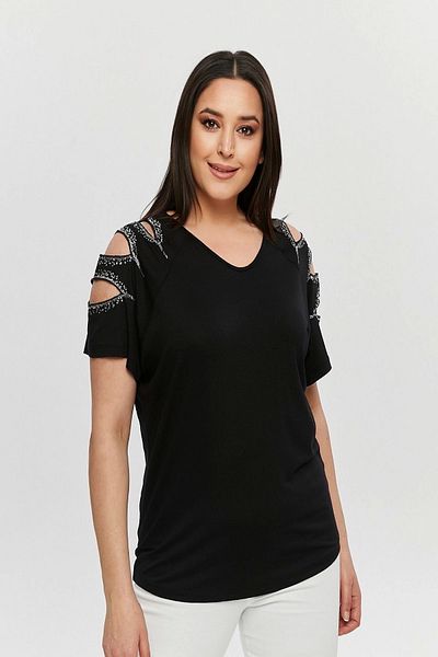 Bİ.GİYSEN Women's Plus Size Black Front Back V-Neck Shoulder Low-cut Sequin Embroidered Lycra Blouse