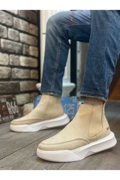 BOA Ba0150 Laceless Men's Cream Suede High Sole Sports Boots