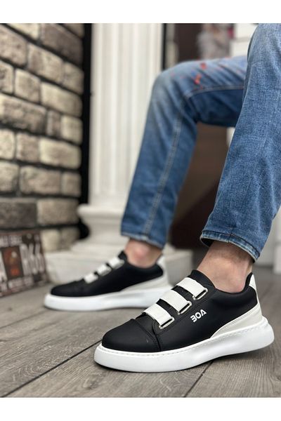 BOA Ba0329 Ανδρικά παπούτσια casual με 3 ρίγες μαύρο λευκό με λεπτομέρεια χοντρή σόλα
