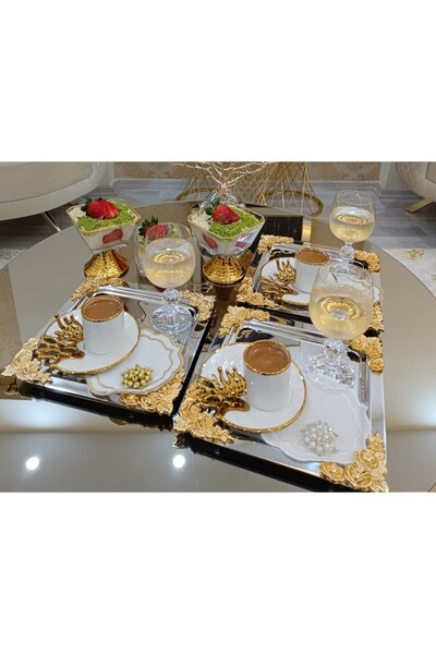 atabey home collection 2 ADET Kahve & Çay & Sunum Tepsisi Metal Döküm Gül Model