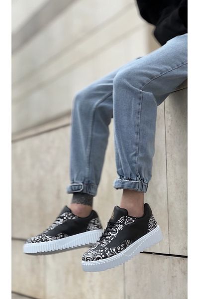 BOA BOA Gothic Patterned Black and White High Sole Men's Shoes - BA0802