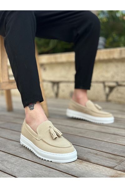 BESKAR BA0154 Ανδρικά παπούτσια από λινάρι - Ψηλή σόλα, χωρίς κορδόνια, φούντες σε κρεμ χρώμα