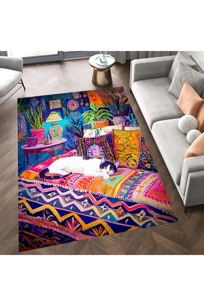 Rugs Modern Halı Lina Koleksiyonu Çok Renkli Etnik Desenli Oda ve Kedi Dokuma...