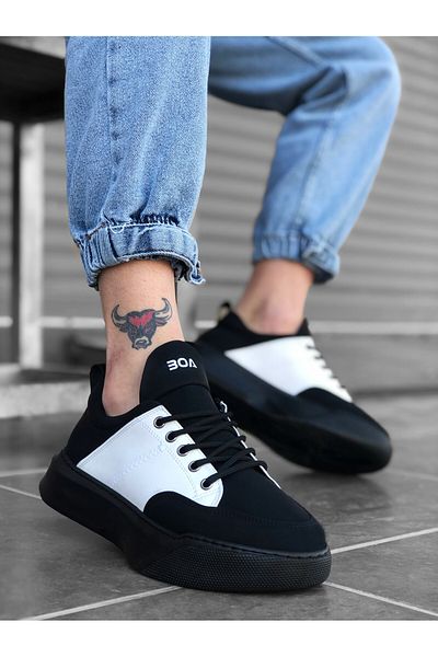 BOA BA0163 Men's Sneakers - High Sole, Lace-up, Black and White