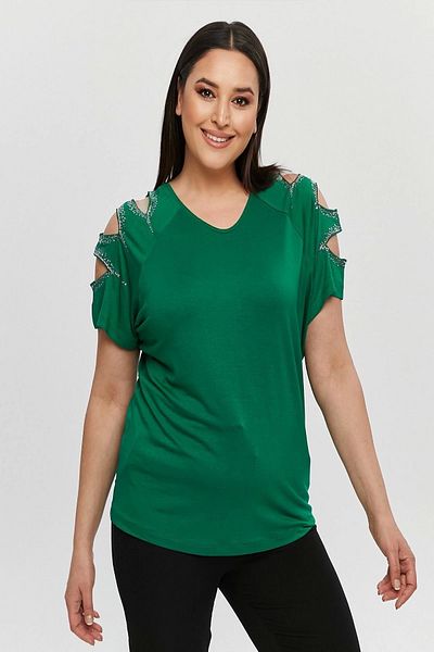 Bİ.GİYSEN Women's Plus Size Green FRONT BACK V-Neck Shoulder Low-cut Sequin Embroidered Lycra Blouse