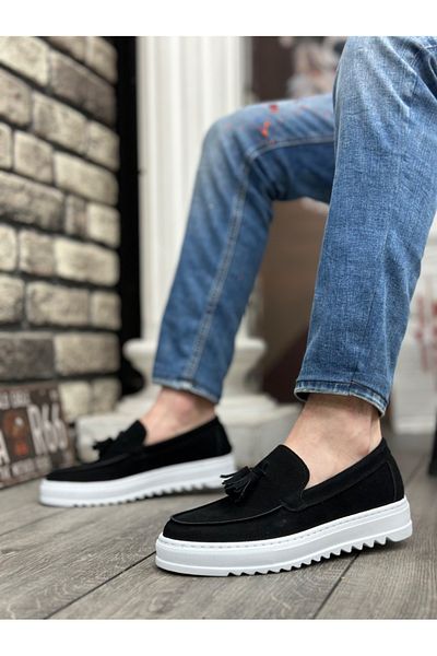BOA BA0154 Ανδρικά παπούτσια με ψηλή σόλα Suede Μαύρο Χρώμα Λευκή σόλα με φούντα