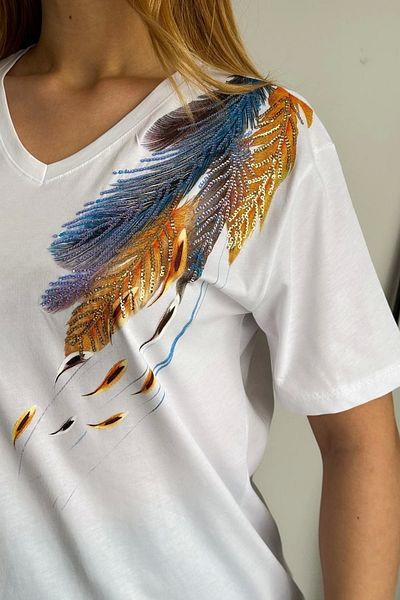Bİ.GİYSEN White V-Neck - Leaf Embroidered Cotton Women's Blouse