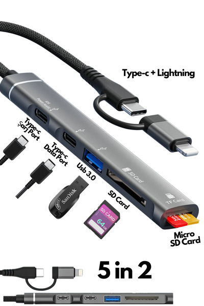 Abbruch 5in2 Type-C+Lightning Dönüştürücü Çoklayıcı Hub PD Typec - USB, SD/TF Kart Okuyucu Macbook Uyumlu