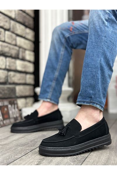 BOA BA0154 Laceless High Sole Suede Black Color Black Sole Tassel Men's Shoes