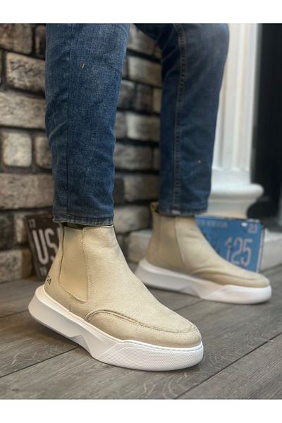 BOA Ba0150 Laceless Men's Cream Suede High Sole Sports Boots