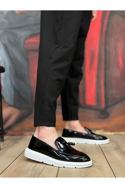 BOA BA0005 Laceless High Sole Black White Sole Patent Leather Classic Tasseled Corcik Men's Shoes