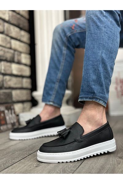BOA BA0154 Men's Black Shoes with High Sole and Tassels - White Sole Pants