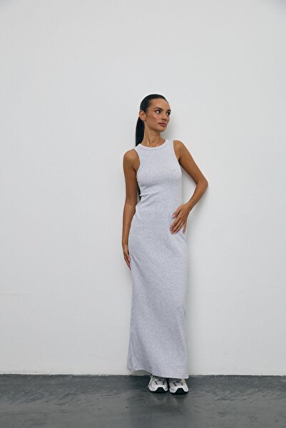 South Coast Gri Melanj Bisiklet Yaka Maksi Elbise