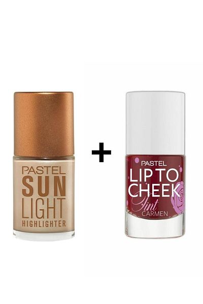 Pastel Lip to Cheek Tint Carmen Lipstick, Blush and Sunlight Highlighter - Illuminator 101